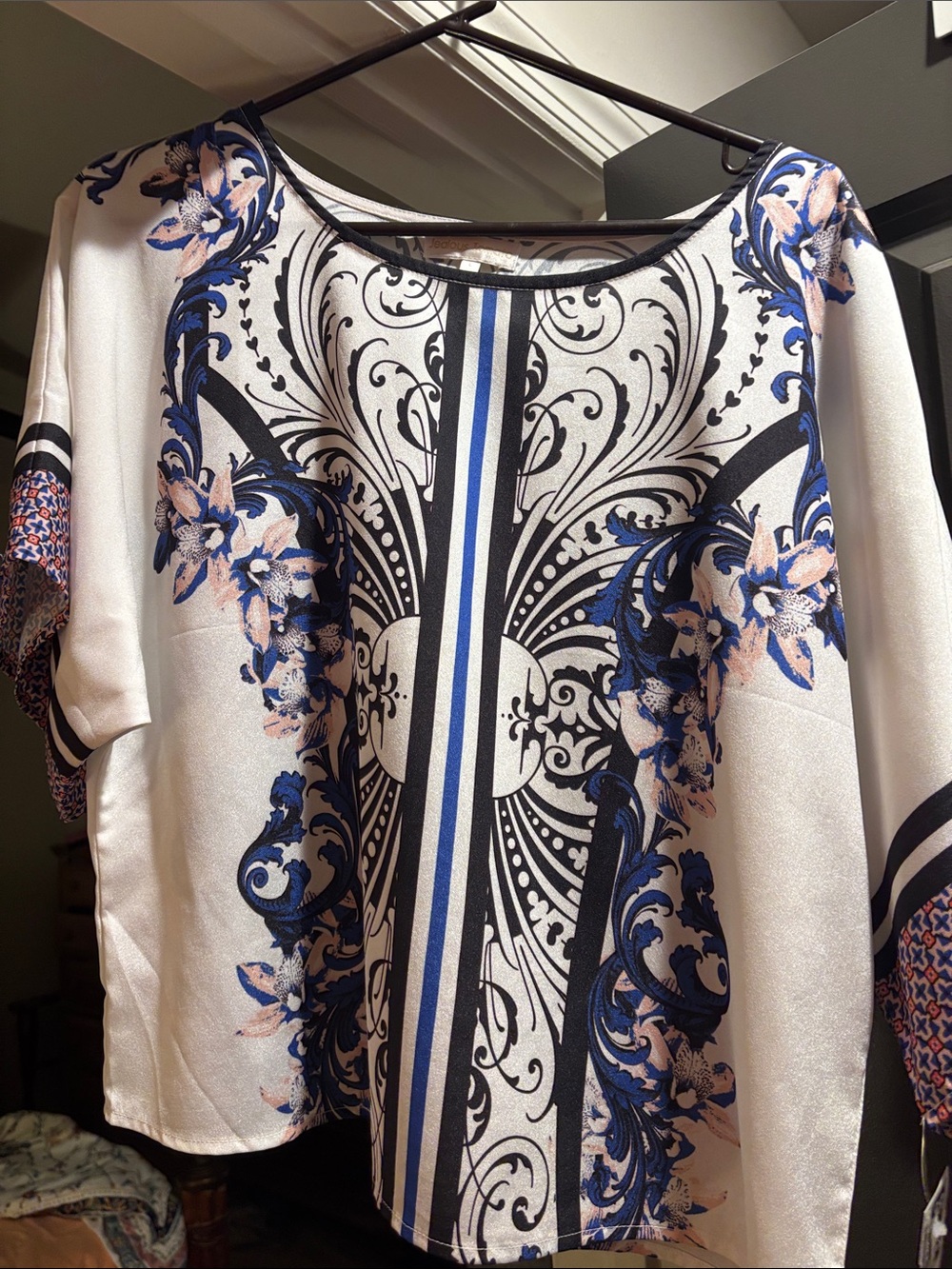 Jealous Tomato White Satin Blouse with Blue and Pink Floral Scrolls